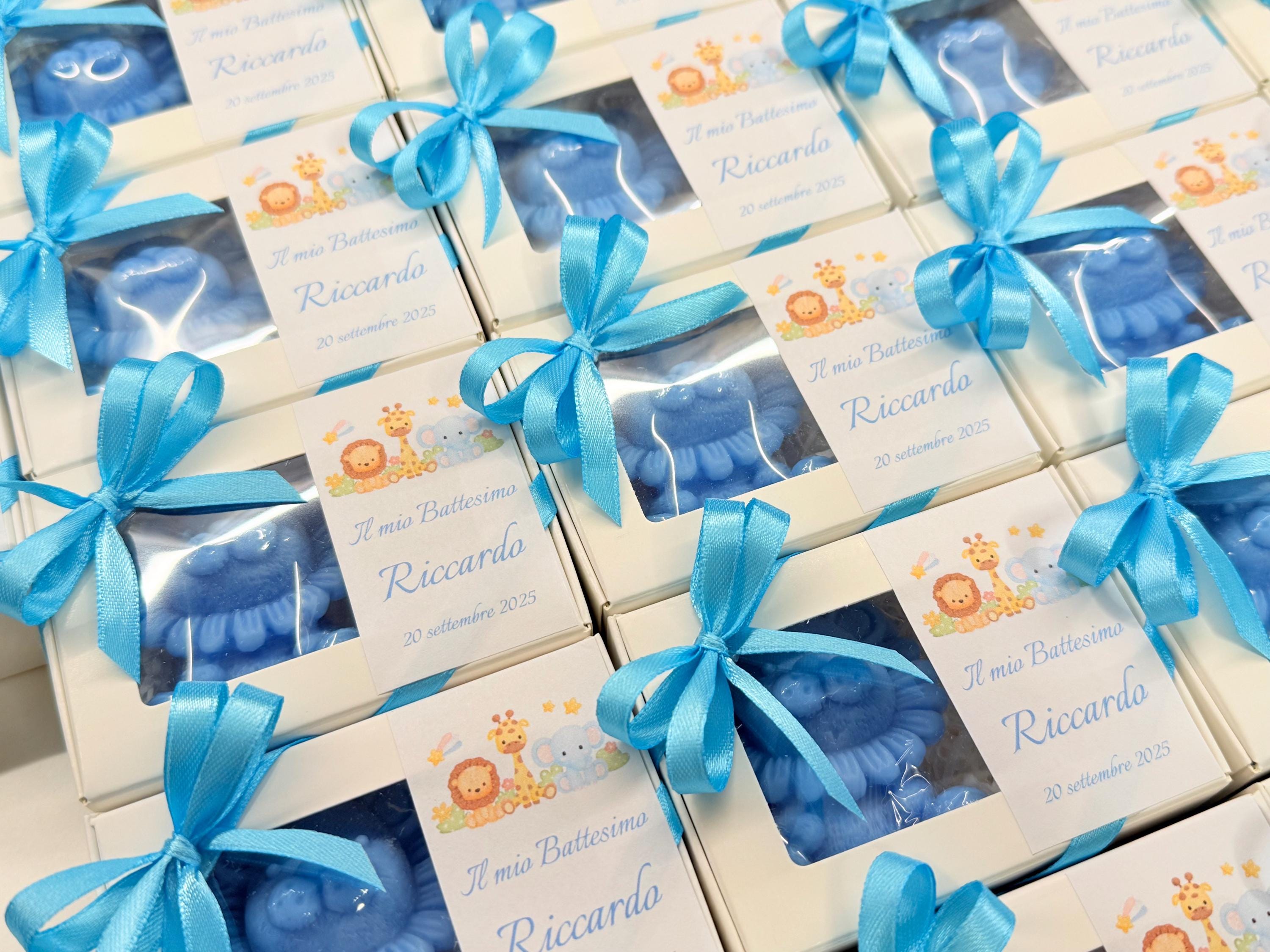 Bougie Leoncino PARFUMÉE avec boîte, dragées et autocollant personnalisé /baptême/naissance/baby shower/anniversaire enfants/