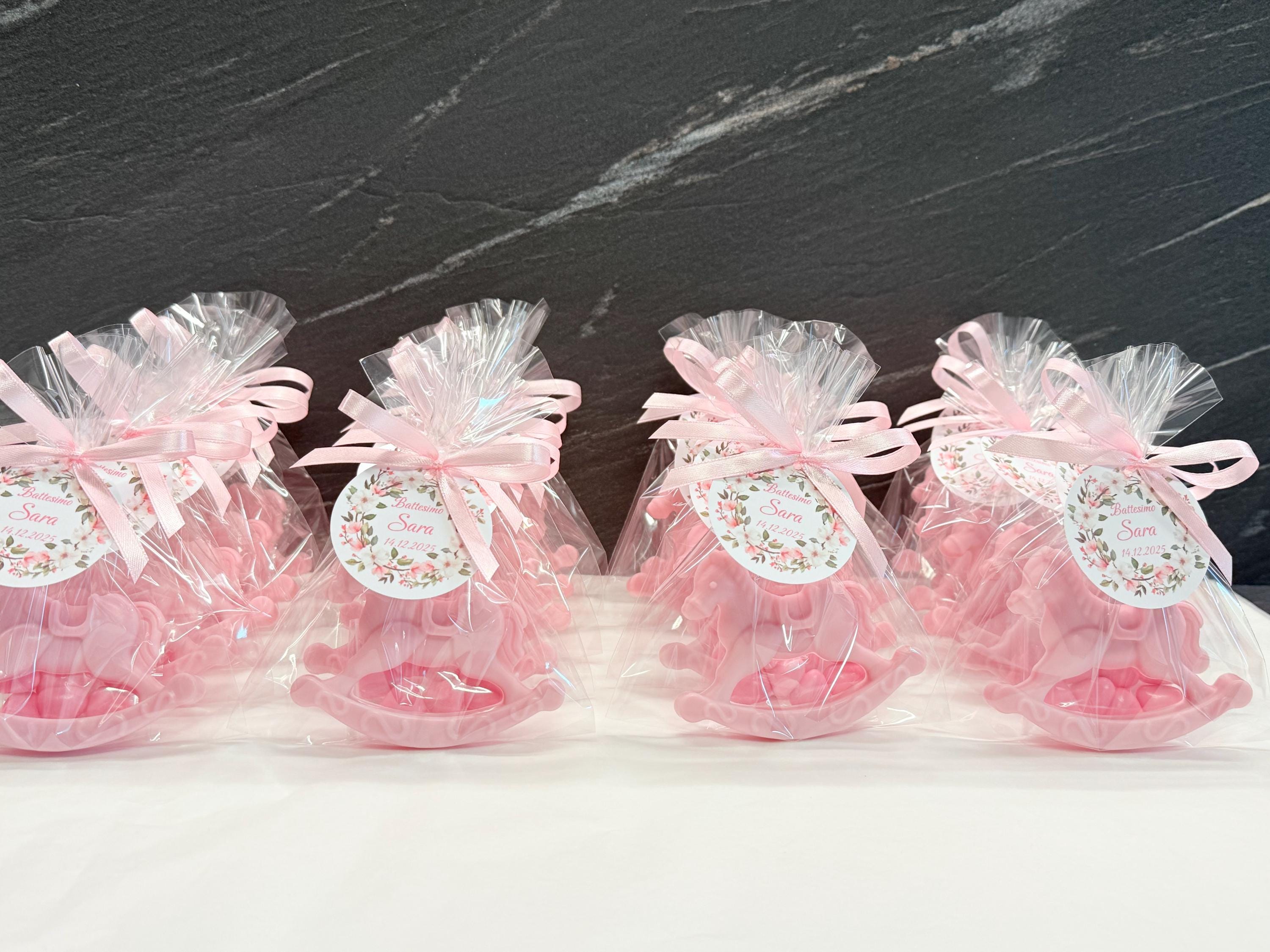 SAPONE CAVALLO a DONDOLO con 7 Confetti cuoricino, sacchetto trasparente e tag personalizzato