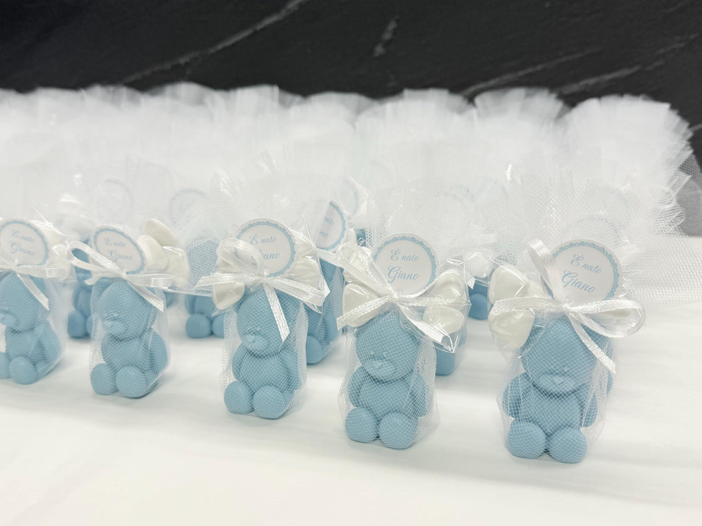 Sapone "ORSETTO" con tulle, 5 Confetti cuoricino e tag personalizzato