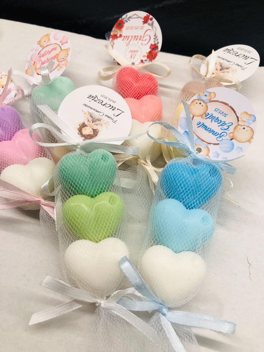 SAPONE "TRIS DI CUORICINI" con tulle e tag personalizzato