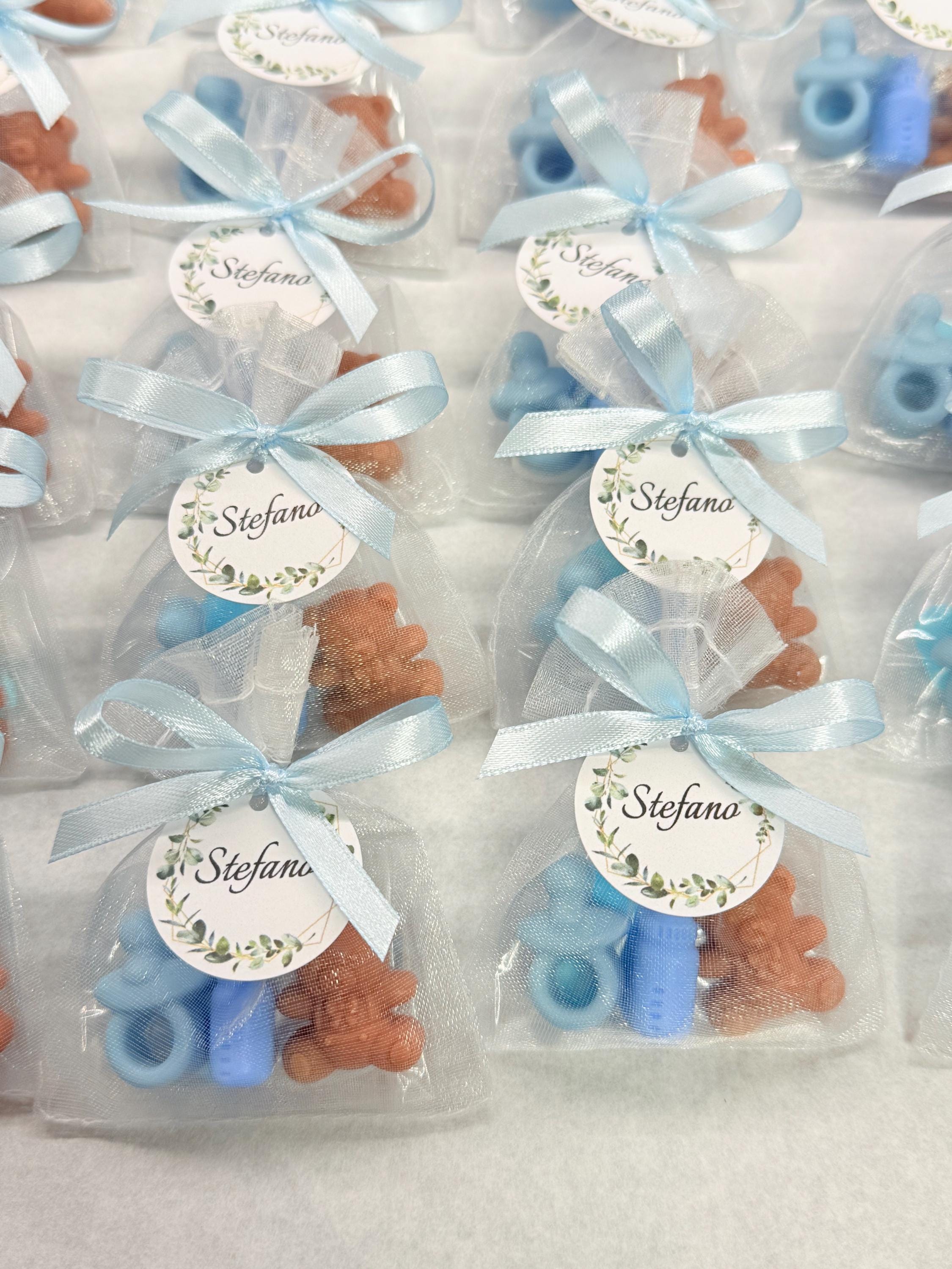 Mini Sapone "NASCITA" con sacchetto di organza,5 confetti cuoricino e tag personalizzato