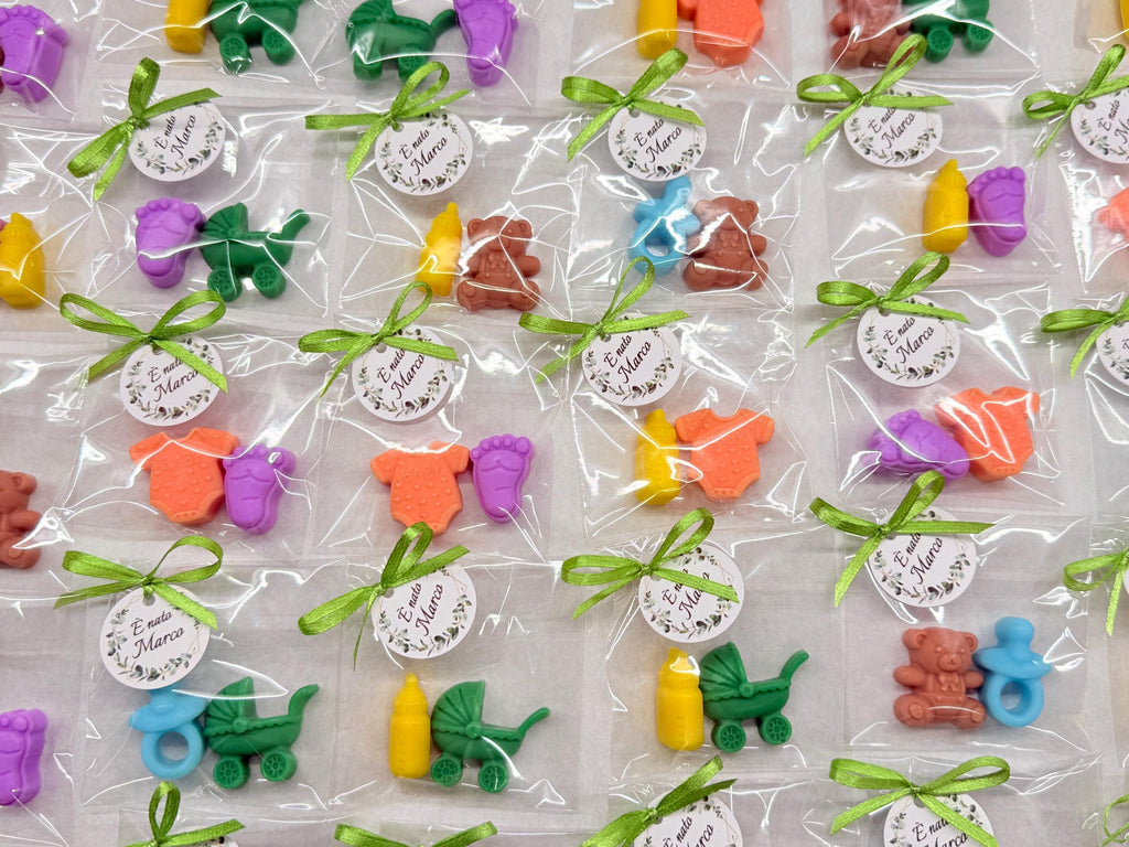 Lot de mini-savons "Naissance" avec sachet transparent et étiquette personnalisée