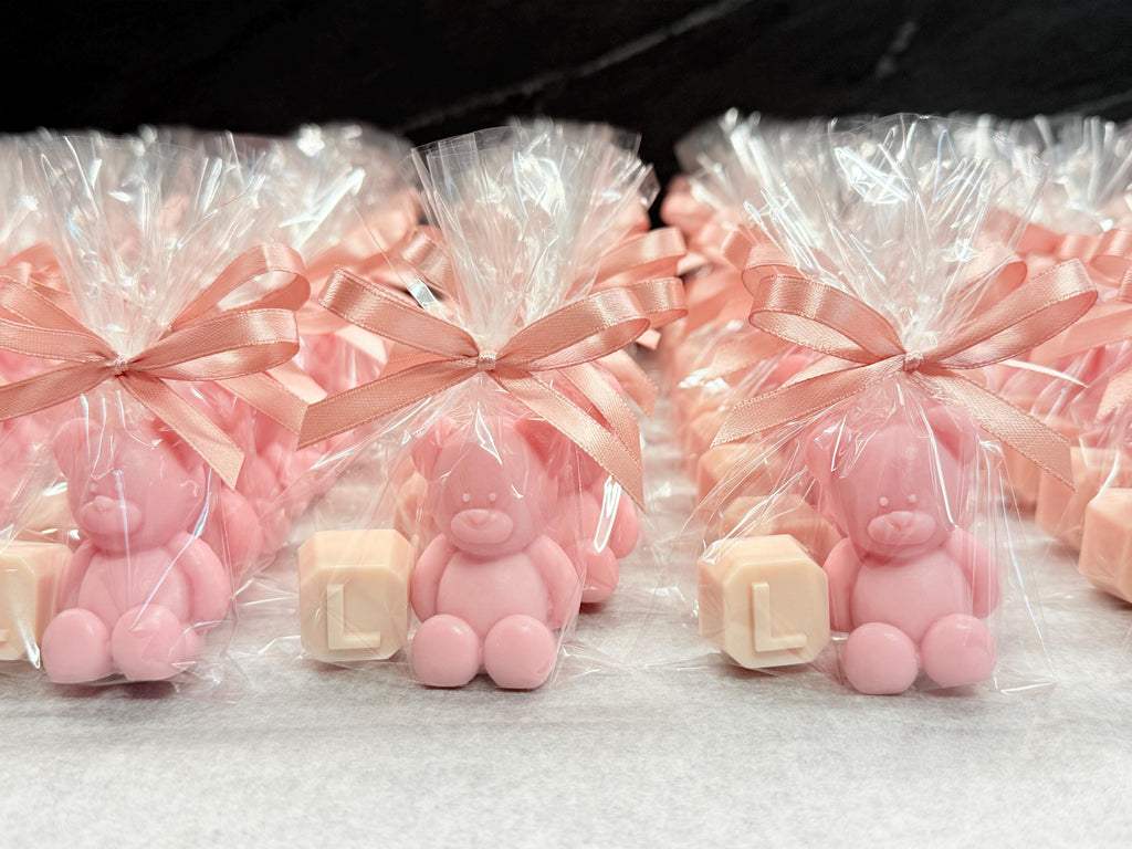 "TEDDY BEAR + LETTER" SOAP with clear bag and personalized tag