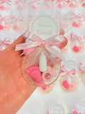Mini sapone nascita biberon, ciuccio e piedino con cerchio, tulle, confetti e tag personalizzato