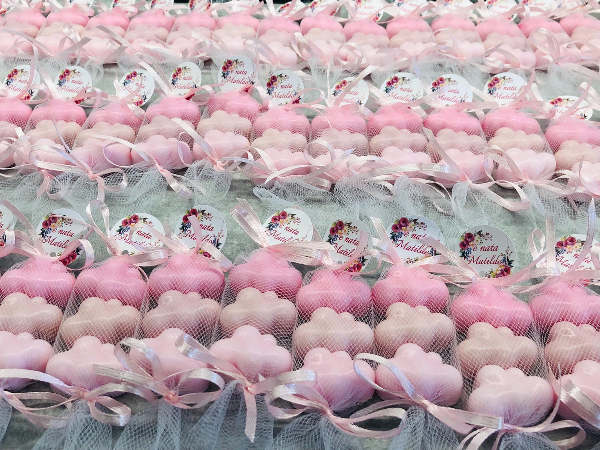 Mini saponi nuvoletta personalizzati con tulle – bomboniera per baby shower, compleanno bimbi e comunione