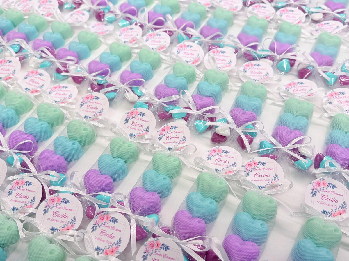 Sapone cuoricini con tulle, confetti e tag personalizzato – bomboniera per battesimo e baby shower
