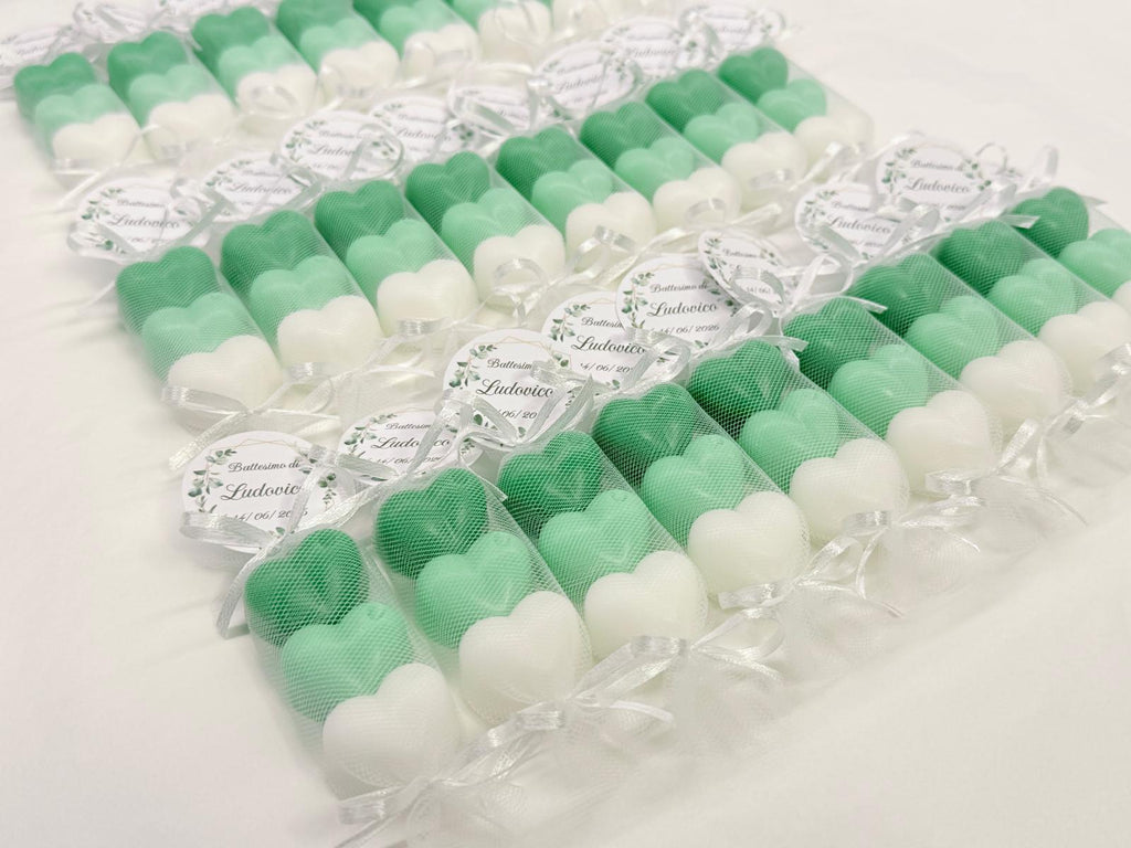Sapone tris di cuoricini con tulle e tag personalizzato – bomboniera per battesimo e nascita