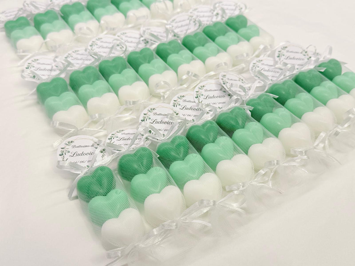 Sapone tris di cuoricini con tulle e tag personalizzato – bomboniera per battesimo e nascita