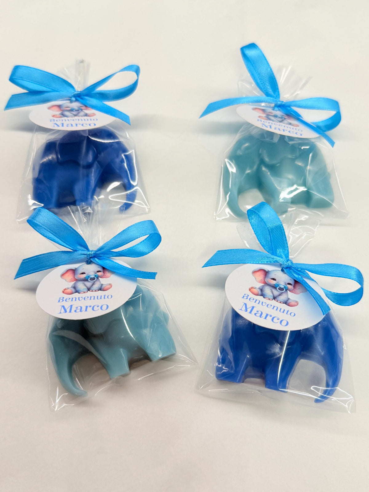 Dettaglio sapone elefantino personalizzato con sacchetto trasparente compleanno bimbi battesimo TatiArt