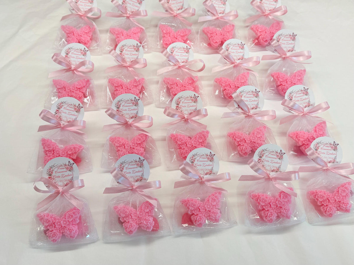 Sapone farfalla personalizzato con sacchetto organza e confetti – bomboniera per comunione, battesimo e nascita