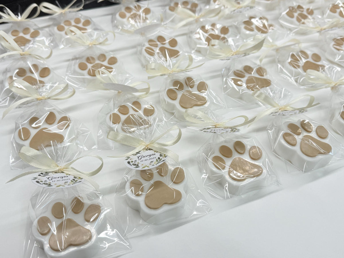 Sapone zampette colorati con sacchetto e tag – bomboniera per baby shower e amanti degli animali